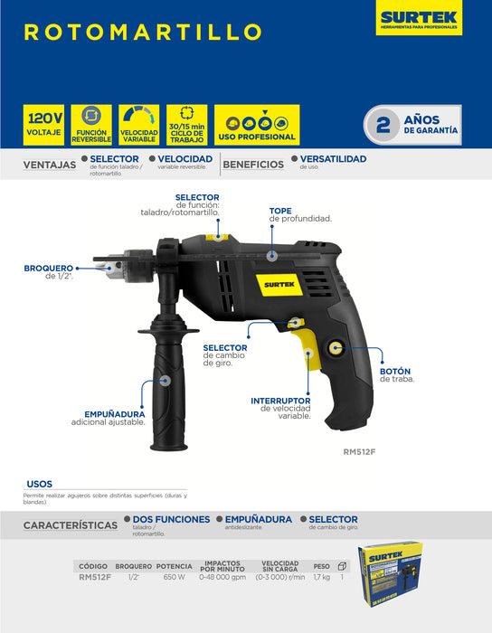 Rotomartillo 1/2" 650 W 127 V, 0 - 3,000 RPM con botón de traba para trabajos continuos Surtek
