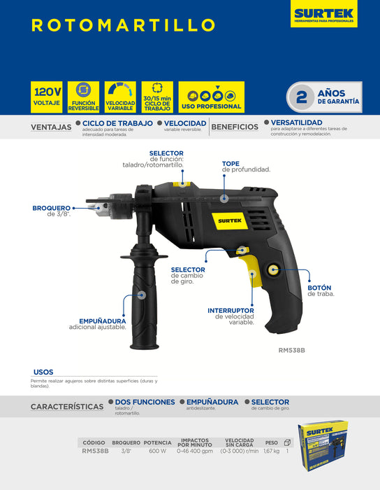 Rotomartillo 3/8" 600 W 127 V, 0 - 2,900 RPM con botón de traba para trabajos continuos Surtek