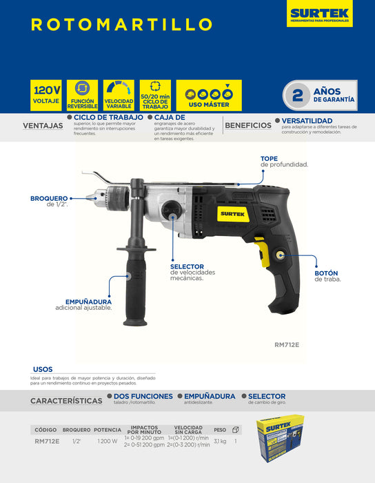 Rotomartillo 1/2" 1200 W 127 V, 0 - 3,200 RPM con botón de traba para trabajos continuos Surtek