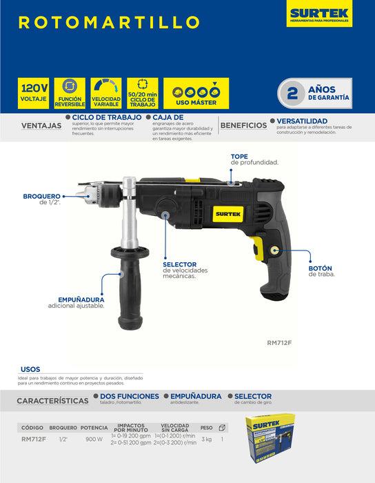 Rotomartillo 1/2" 900 W 127 V, 0 - 3,200 RPM con botón de traba para trabajos continuos Surtek