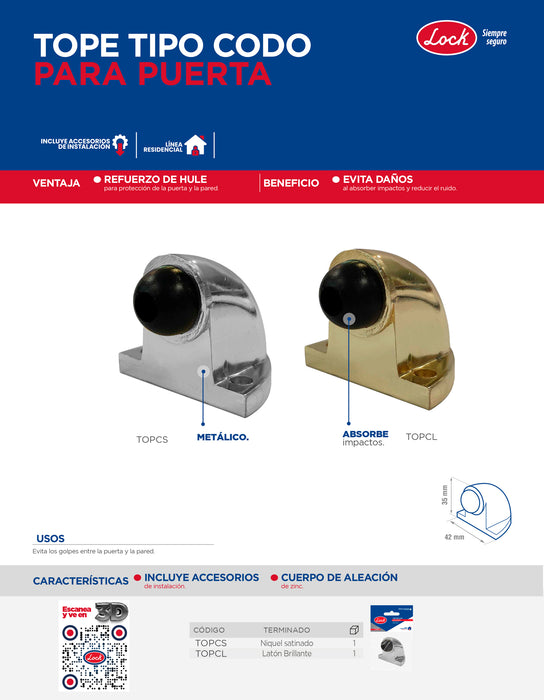 Tope tipo codo para puerta latón brillante Lock