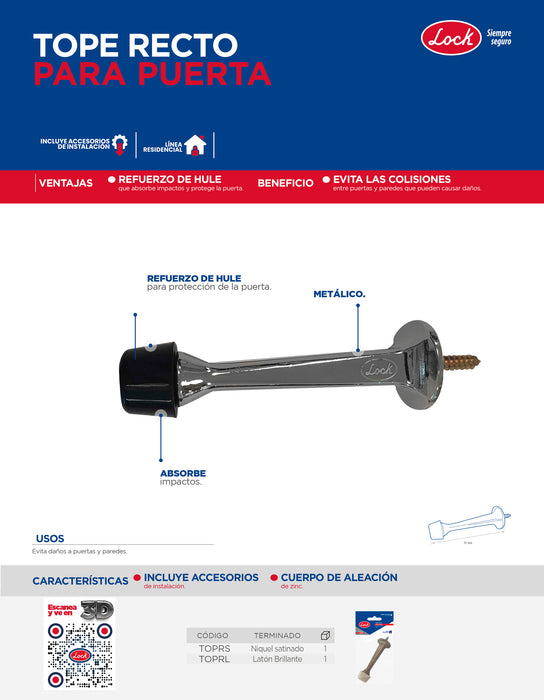 Tope recto para puerta níquel satinado Lock