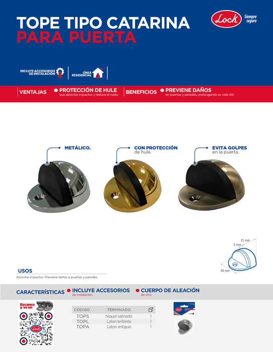 Tope tipo catarina para puerta latón brillante Lock