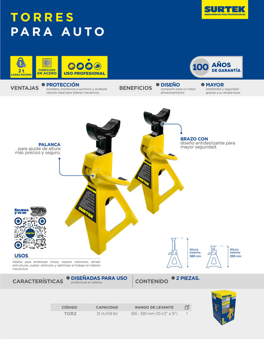 Torres para automóvil de acero, 2 ton, 2 piezas Surtek