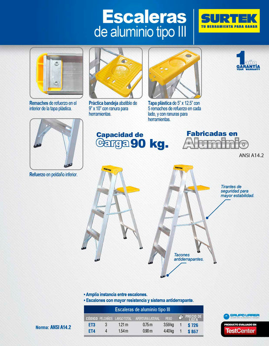 Escalera de tijera tipo III de aluminio y tapa plástica con 4 peldaños Surtek