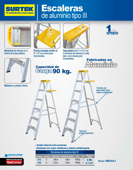 Escalera de tijera tipo III de aluminio y tapa plástica con 5 peldaños Surtek