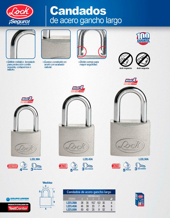 Candado de acero largo 38 mm, llave estándar, en caja Lock