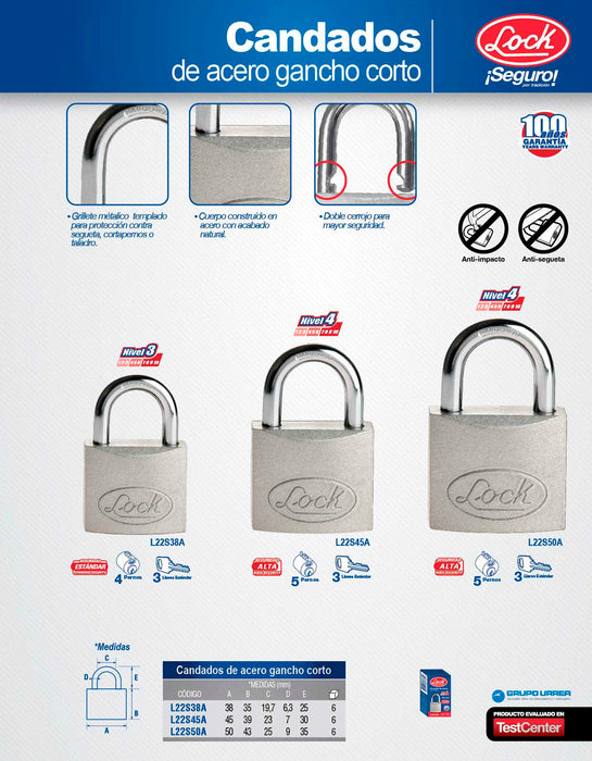 Candado de acero corto 38 mm, llave estándar, en caja Lock