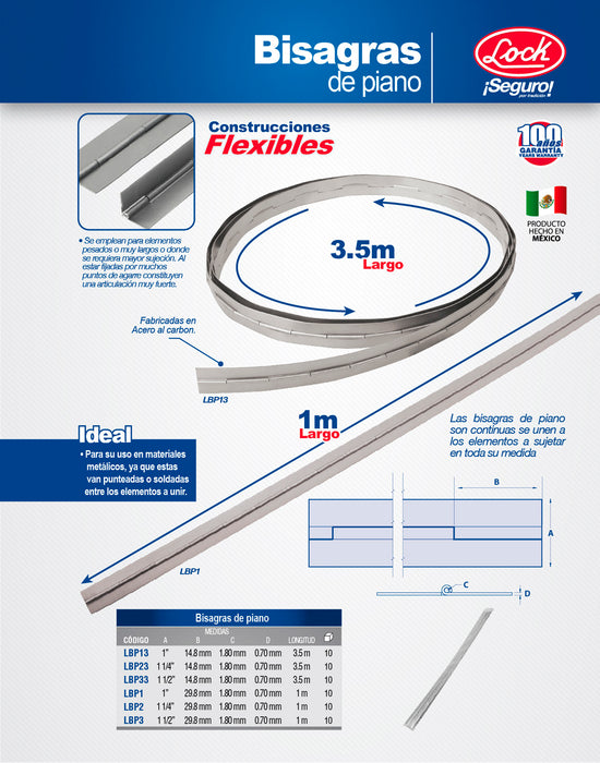 Bisagra piano 1-1/4" x 3.5 m, natural, en caja Lock