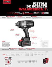 Pistola de impacto 1" a batería Litio-ion 20 V 1900 Nm Urrea