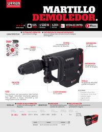 Martillo demoledor con control antivibración, SDS Max 1500W, 120V, 18J, 1000 - 1900 IPM Urrea