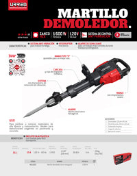 Martillo demoledor con control antivibración, zanco hexagonal 1600W, 120V, 55J, 1450 IPM Urrea