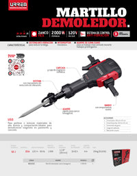 Martillo demoledor con control antivibración, zanco hexagonal 2000W, 120V, 62J, 1000 IPM Urrea