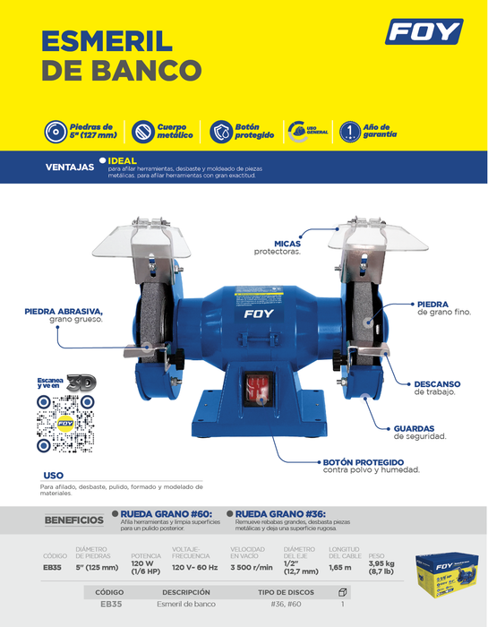 Esmeril de banco motor silencioso de inducción 5" 120 W 120 V, 3500 RPM Foy