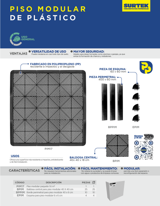 Baldosa central para piso modular 40 X 40 cm, 25 piezas Surtek