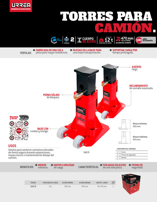 Torres para camión de hierro fundido 12 ton con ruedas, 2 piezas Urrea