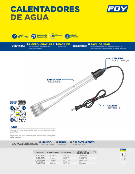 Calentador de agua 38 Lt, 1900 W Foy