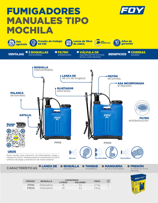 Fumigador tipo mochila 20 Lt Foy
