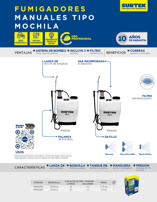 Fumigador tipo mochila 16 Lt Surtek