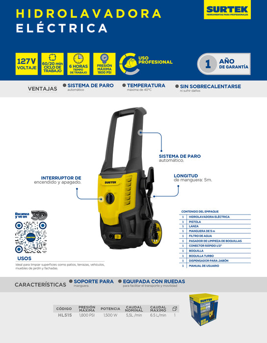 Hidrolavadora eléctrica 1500 W 127 V 1800 PSI, 5.5 Lt por minuto flujo máximo Surtek