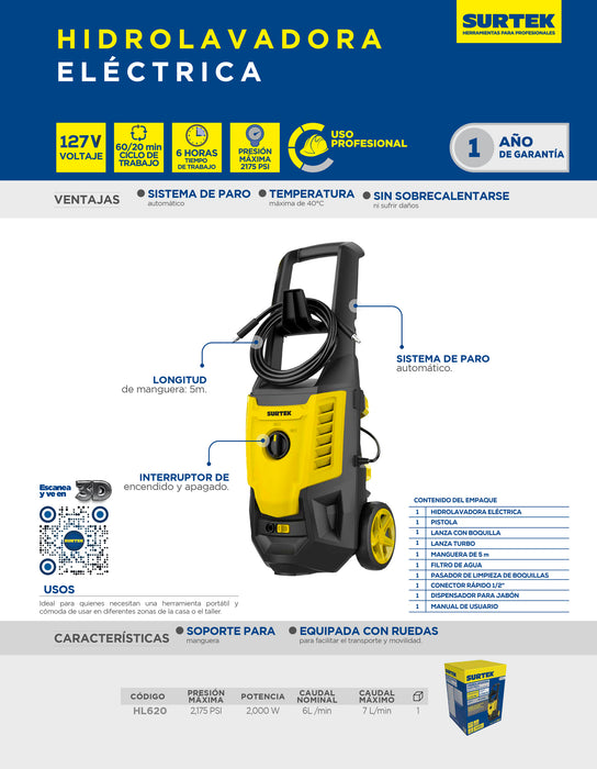 Hidrolavadora eléctrica 2000 W 127 V 2175 PSI, 6 Lt por minuto Surtek