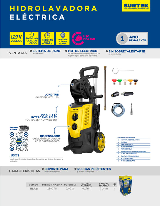 Hidrolavadora eléctrica 2100 W 127 V 2500 PSI, 6 Lt por minuto Surtek