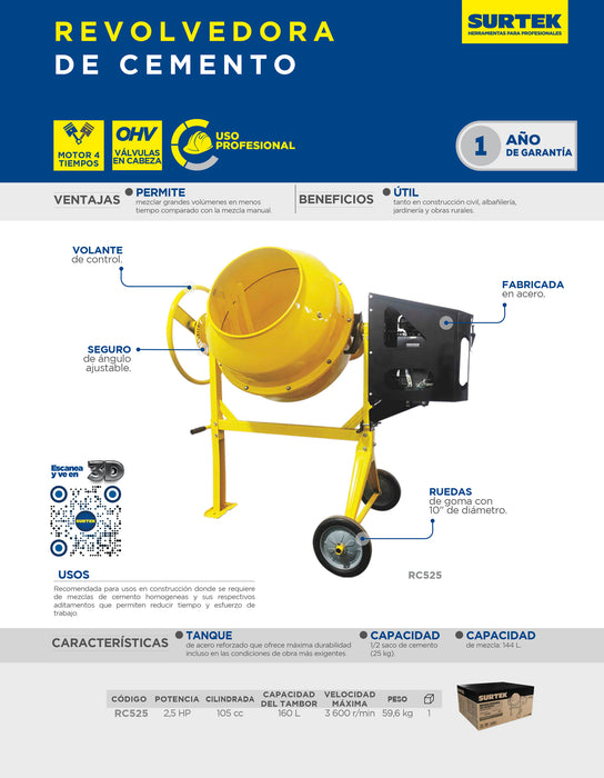 Revolvedora de cemento a gasolina 160 L, 2.5 HP Surtek