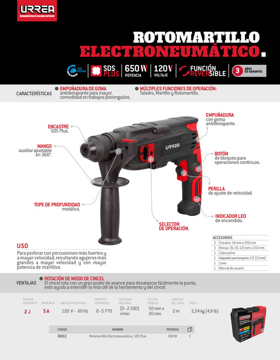 Rotomartillo electroneumático SDS Plus 600 W, 120 V, 2J, 0-2200 RPM Urrea