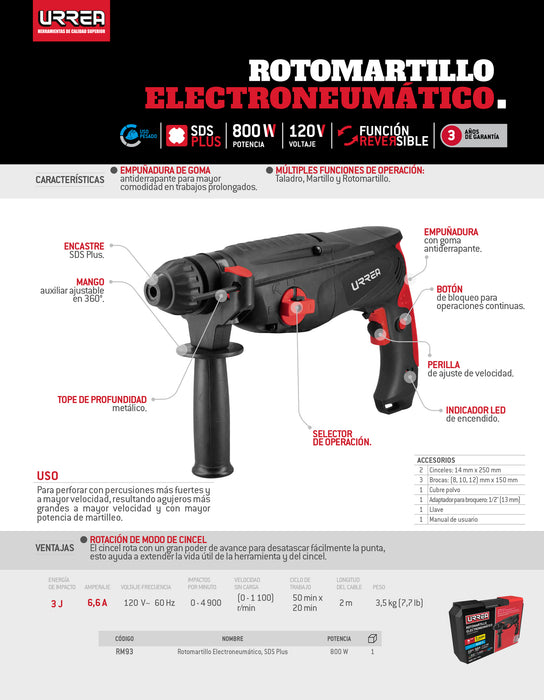 Rotomartillo electroneumático SDS Plus 800 W, 120 V, 3J, 0-1100 RPM Urrea