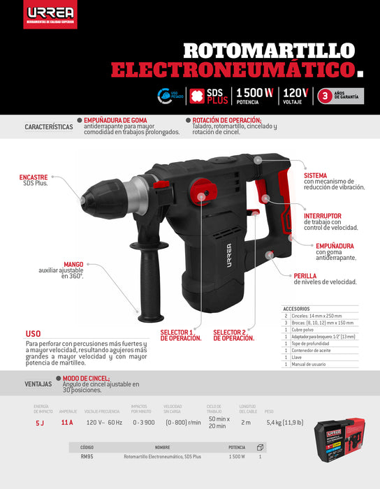 Rotomartillo electroneumático SDS Plus 1320 W, 120 V, 5J, 0-800 RPM Urrea