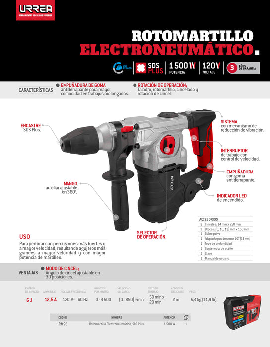 Rotomartillo electroneumático SDS Plus 1500 W, 120 V, 6J, 0-850 RPM Urrea