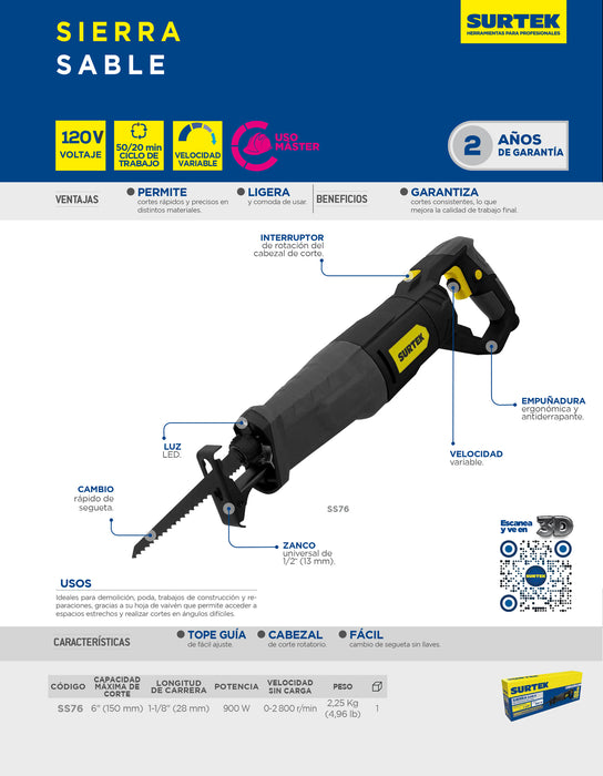 Sierra sable 6" 900 W 120 V, 0 - 2,800 RPM Surtek