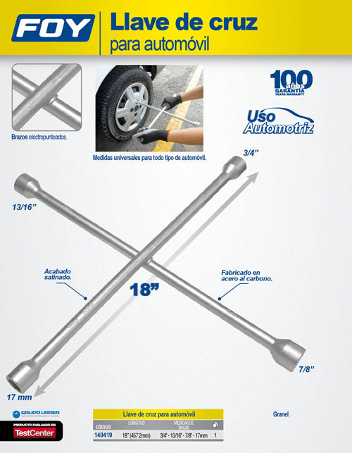 Llave de cruz cromada 18" Foy