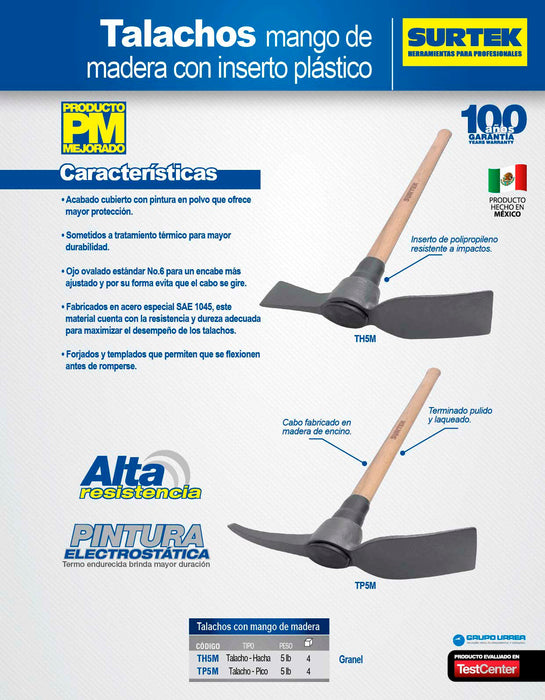 Talacho-hacha con mango de madera de 36", 5 lb Surtek