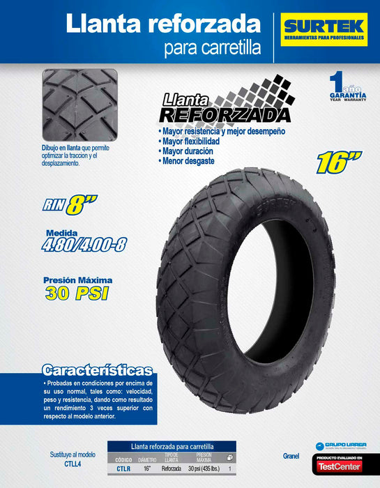 Llanta neumática reforzada 4 capas de 16" sin rin para carretilla Surtek