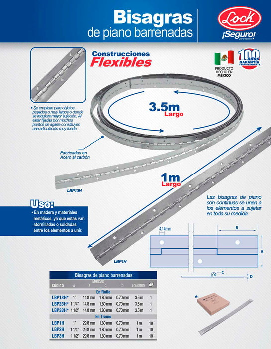 Bisagra piano barrenadas 1-1/4" x 3.5 m, natural, en caja Lock
