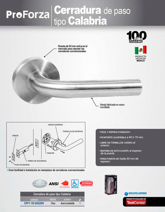 Manija tubular Calabria función de paso, acero inoxidable, visual Proforza