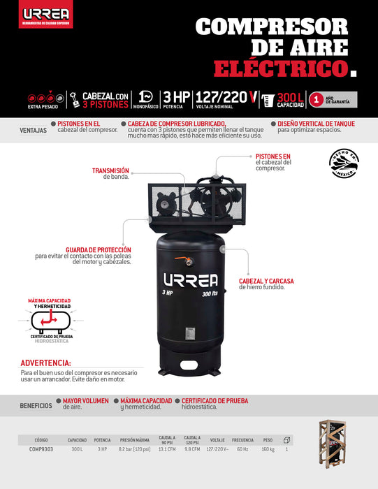 Compresor de aire eléctrico de banda vertical 300L, 3HP, 127V - 220V Urrea