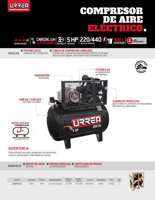 Compresor de aire eléctrico de banda 300L, 5HP, 220V - 440V Urrea