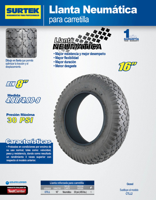 Llanta neumática 2 capas de 16" sin rin para carretilla Surtek