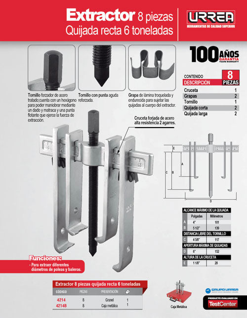 Extractor quijada recta tipo "A" 6 ton, 8 piezas Urrea