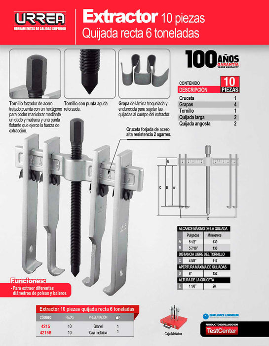 Extractor quijada recta tipo "A" 6 ton, 11 piezas en caja metálica Urrea