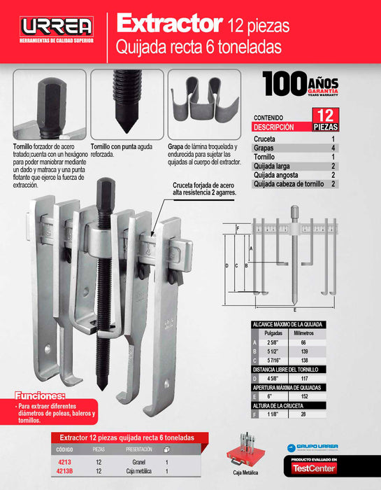 Extractor quijada recta tipo "A" 6 ton, 13 piezas en caja metálica Urrea