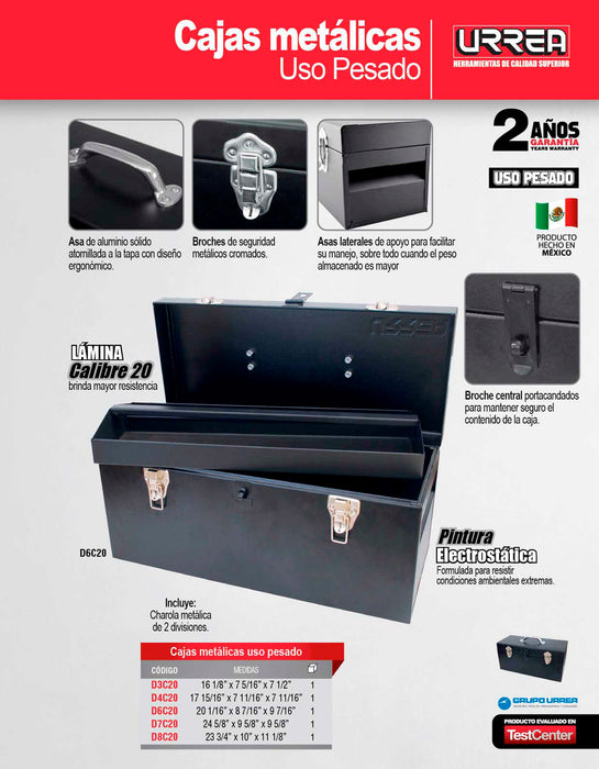 Caja portaherramientas metálica con asa metálica color negro 24" x 9" x 9" Urrea