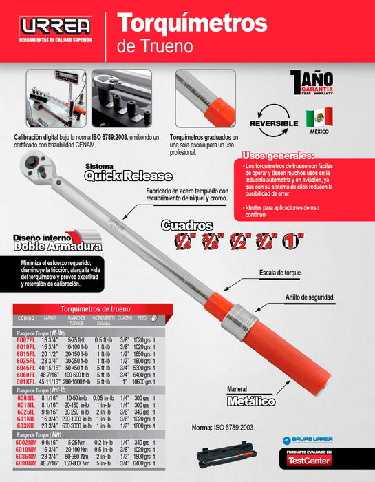 Torquímetro de trueno una escala cuadro de 3/4", 150-800 Nm Urrea