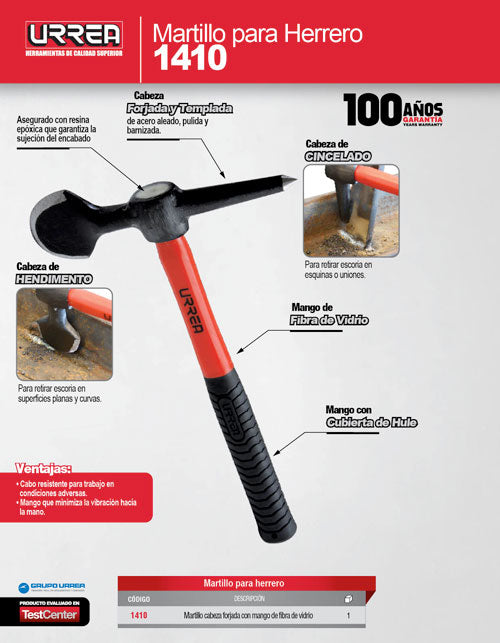 Martilllo para soldador con mango de fibra de vidrio de 12", 12 oz Urrea
