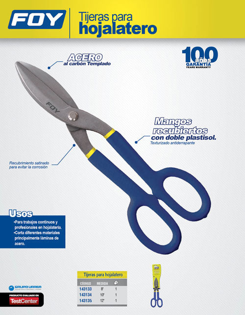 Tijeras para hojalatero con mango rubber grip 10" Foy