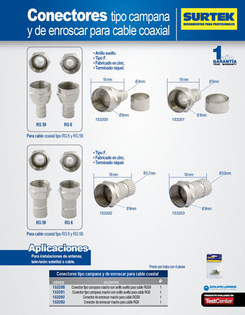 Conector para enroscar cable coaxial RG6, 4 piezas Surtek