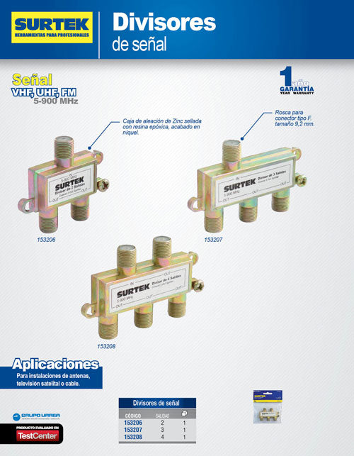 Divisor coaxial , 1 entrada 4 salidas Surtek