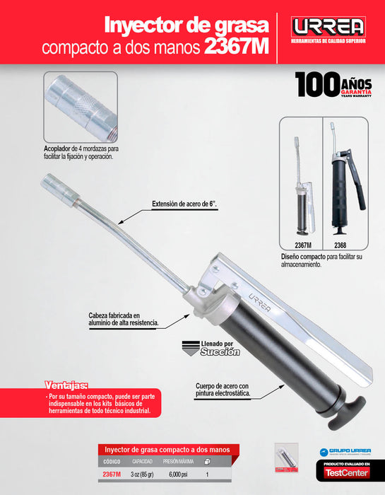 Inyector de grasa a dos manos de 85 g, 6000 PSI compacta Urrea